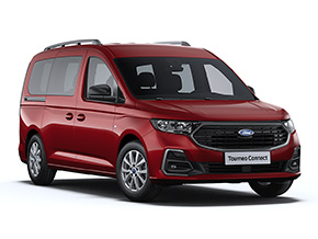 Roter Ford Tourneo Connect Kastenwagen, Frontansicht, modernes Design, ideal für Familien und Transport.